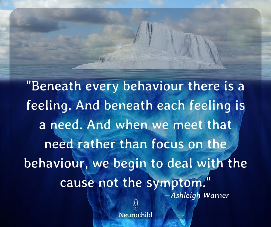 An iceberg partially submerged in water with a quote by Ashleigh Warner about understanding behavior and needs, displayed over a blue background.
